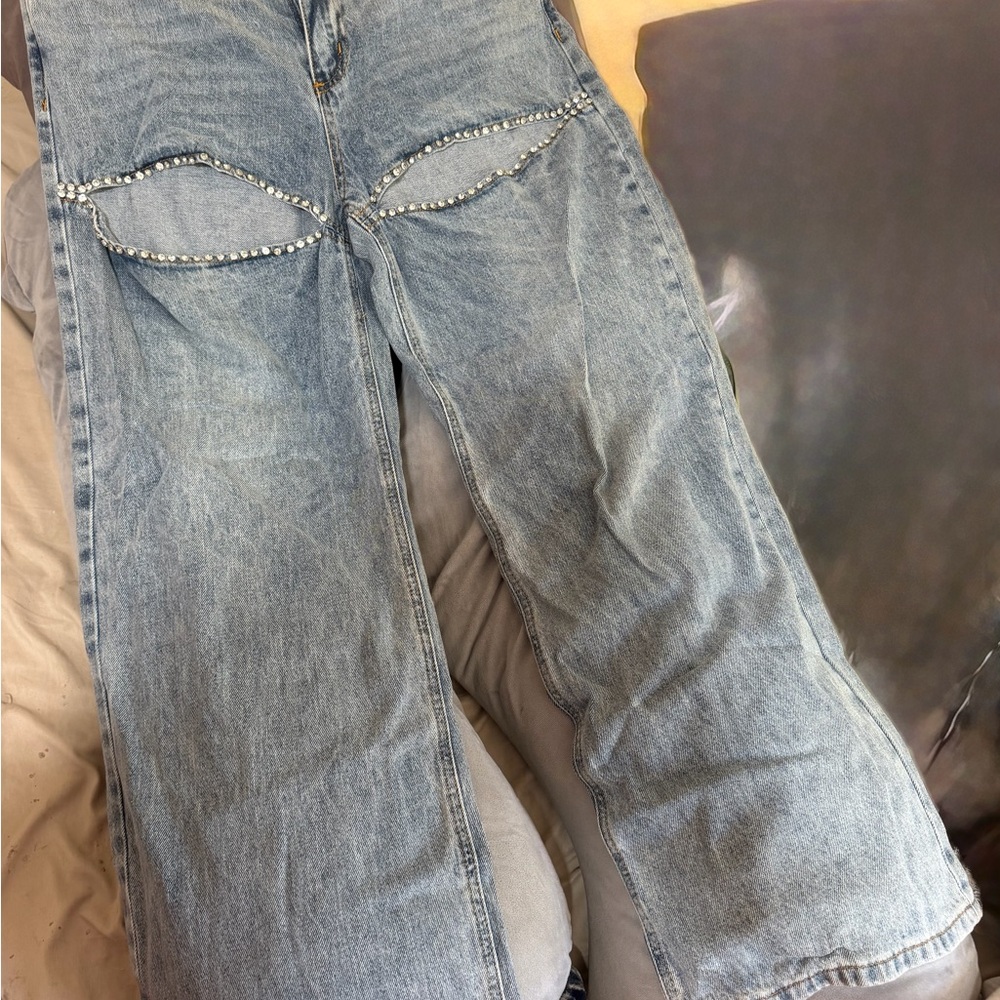Forever 21 Light Blue Wide Leg Jeans with Rhinestone Detailing